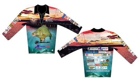 A long-sleeve Corsa Clothing fishing shirt featuring a sunset water scene, large fish graphic on the front, sponsor logos on sleeves and back, with "2022 LEIGH MARTIN MARINE" text across the upper back.