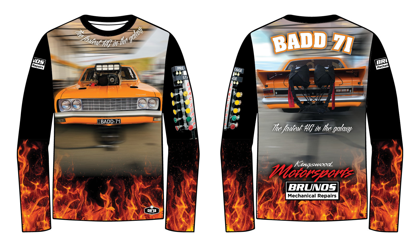 The Corsa Clothing BADD 71 Shirt features racing and fire graphics—front has an orange drag car, BADD 71 text, lights, and flames; back shows the car’s rear, two people, logos, BADD 71 text, and flames.