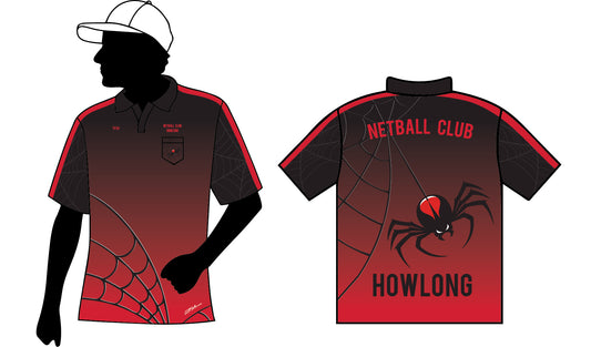 Corsa Clothing Net Ball club shirt: red and black design with spider web patterns, large spider graphic on back, "NETBALL CLUB HOWLONG" text, front pocket, and club logo.