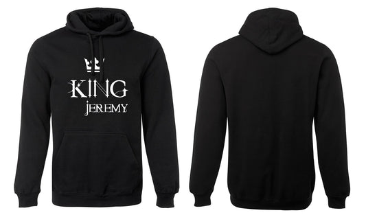 Front and back view of the King Jeremy Hoodie by Corsa Clothing. The black hoodie’s front displays a white crown above large "KING" text with "JEREMY" below in a stylized font; the back is plain.