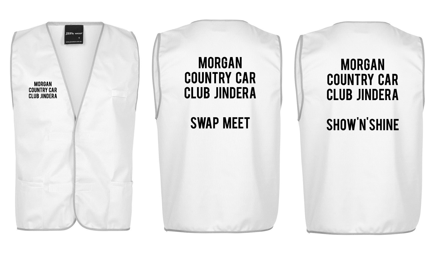 Three white Corsa Clothing Blank Tricot vests with black text: front reads "Morgan Country Car Club Jindera;" one back reads "Swap Meet," another reads "ShownShine.
