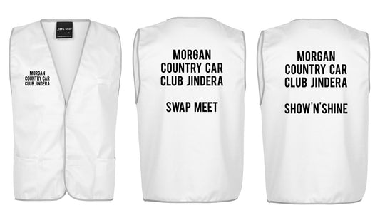 Three white Corsa Clothing Blank Tricot vests with black text: front reads "Morgan Country Car Club Jindera;" one back reads "Swap Meet," another reads "ShownShine.
