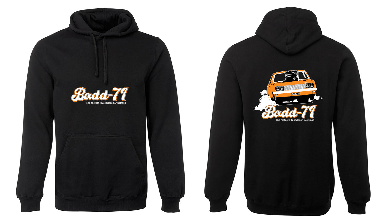 The BADD 71 Hoodie by Corsa Clothing features "The Mecca of Kadett in Australia" on the front and an orange car with tire smoke plus matching text on the back. Includes a front pocket and drawstring hood.