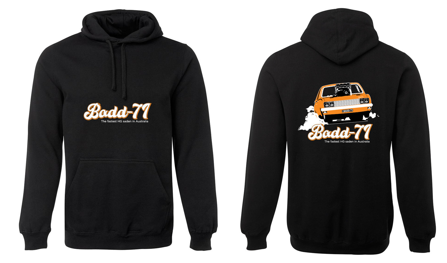 The BADD 71 Hoodie by Corsa Clothing features "The Mecca of Kadett in Australia" on the front and an orange car with tire smoke plus matching text on the back. Includes a front pocket and drawstring hood.