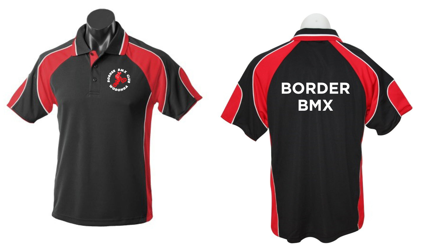 The Corsa Clothing Border BMX Shirt features a black and red short-sleeve design with the club logo and "Border BMX Club Inc." on the front left chest, plus bold white "BORDER BMX" text on the back. Shown from both front and back views.