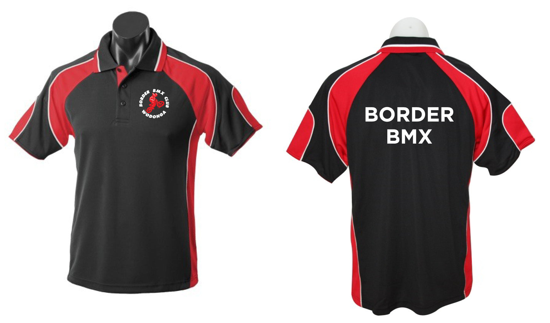 The Corsa Clothing Border BMX Shirt features a black and red short-sleeve design with the club logo and "Border BMX Club Inc." on the front left chest, plus bold white "BORDER BMX" text on the back. Shown from both front and back views.