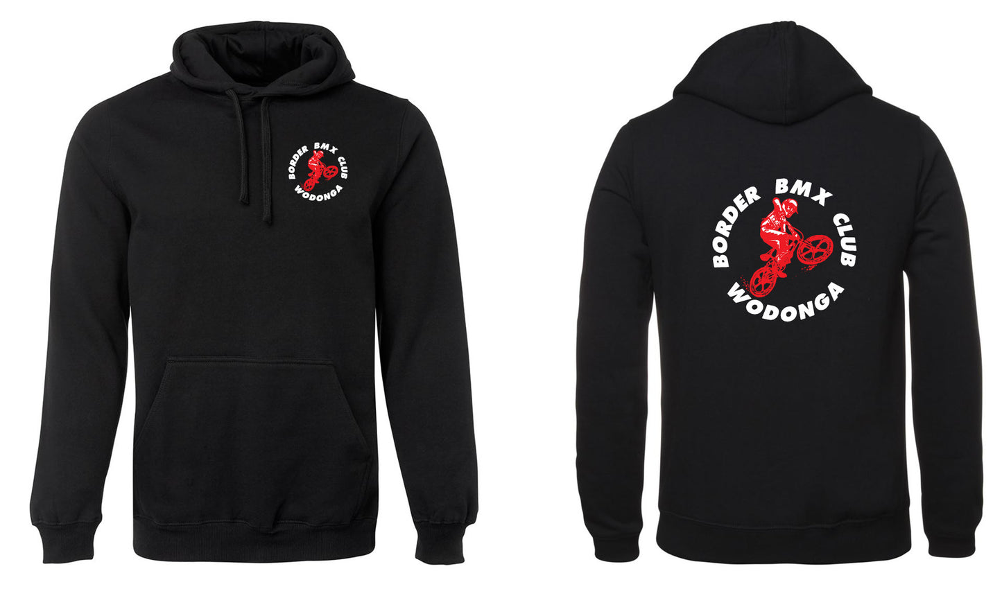 The Border BMX hoodie by Corsa Clothing features “BORDER BMX CLUB WODONGA” in white around a red BMX rider logo, printed on the left chest and larger on the upper back.