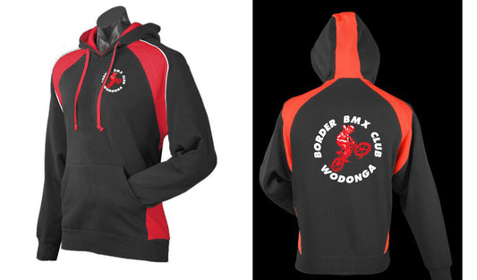 The Corsa Clothing Border BMX Huxley Hoodie features black and red colors, a front pocket, and "Border BMX Club Wodonga" with a BMX rider graphic in white printed on the chest and back.