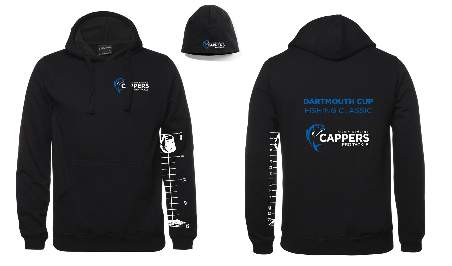 Cappers Hoodie - cap by Corsa Clothing: Black hoodie and beanie set featuring the Cappers Pro Tackle logo on front and back, Dartmouth Cup Fishing Classic text, and a white fish ruler printed on the hoodie sleeve.