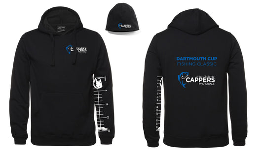 Cappers Hoodie - cap by Corsa Clothing: Black hoodie and beanie set featuring the Cappers Pro Tackle logo on front and back, Dartmouth Cup Fishing Classic text, and a white fish ruler printed on the hoodie sleeve.