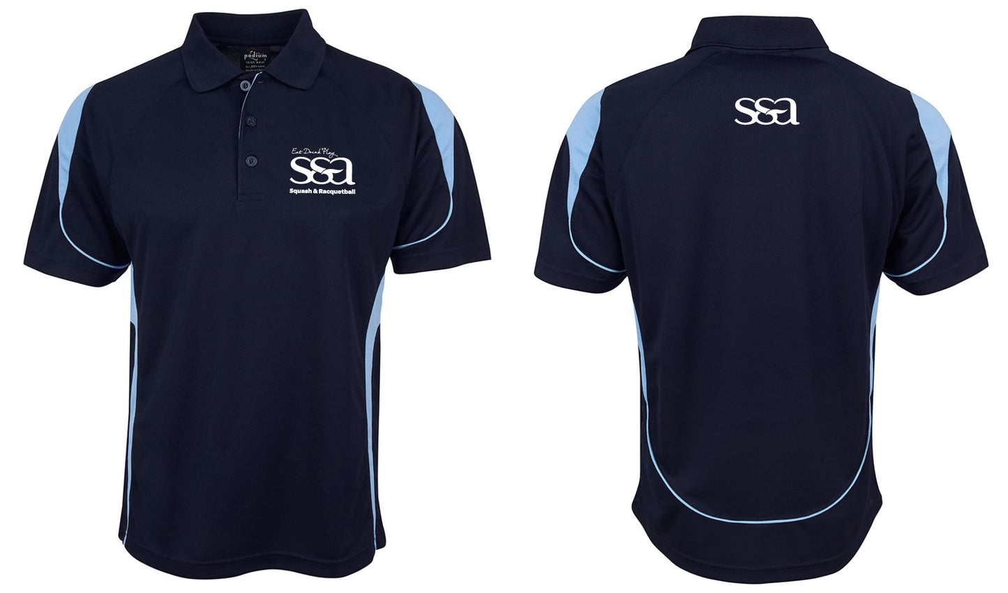 The Corsa Clothing S & A Logo Shirt is a navy blue polo with light blue accents, featuring a buttoned collar and a white SSA Squash & Racquetball logo on the left chest; the back is plain with light blue trim.