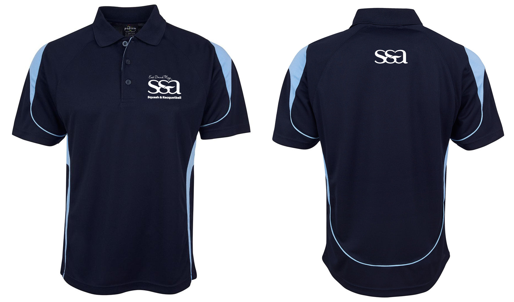 The Corsa Clothing S & A Logo Shirt is a navy blue polo with light blue accents, featuring a buttoned collar and a white SSA Squash & Racquetball logo on the left chest; the back is plain with light blue trim.