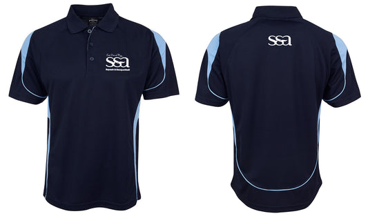 The Corsa Clothing S & A Logo Shirt is a navy blue polo with light blue accents, featuring a buttoned collar and a white SSA Squash & Racquetball logo on the left chest; the back is plain with light blue trim.