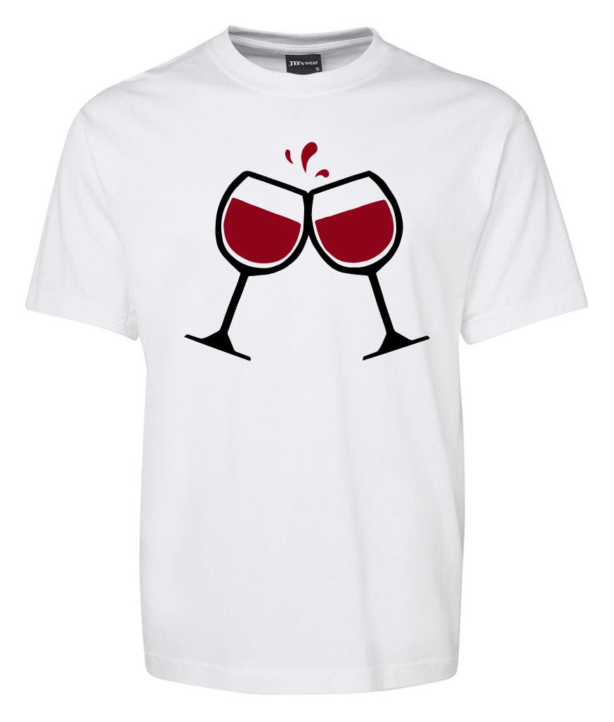 The Corsa Clothing 2 Wine Glasses Shirt is a white tee with a graphic of two clinking wine glasses filled with red wine and a splash above where they meet.