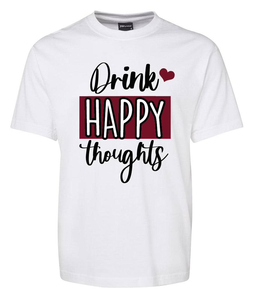 The Drink Happy Thoughts Shirt by Corsa Clothing is a white tee with "Drink HAPPY thoughts" in black and red lettering, plus a small red heart above "HAPPY.