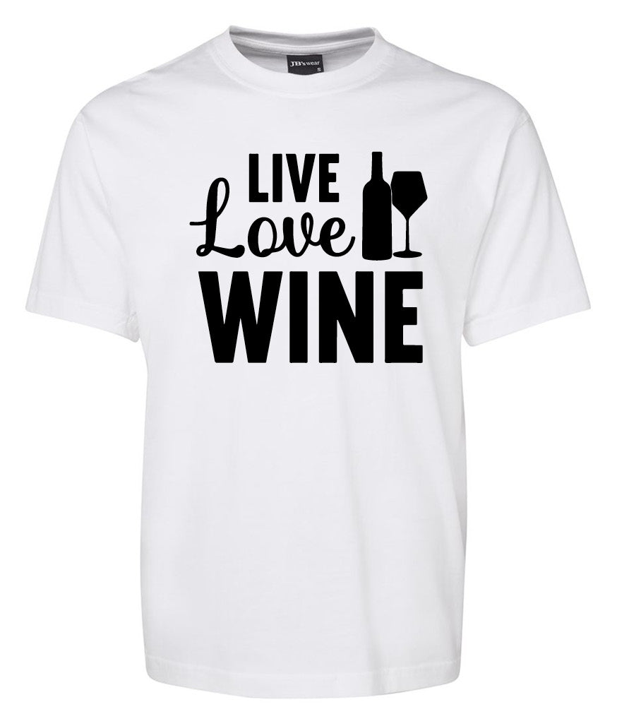 The Live Love Wine Shirt by Corsa Clothing is a white tee with "LIVE LOVE WINE" in black; the word "LOVE" includes a wine bottle and glass in its design.