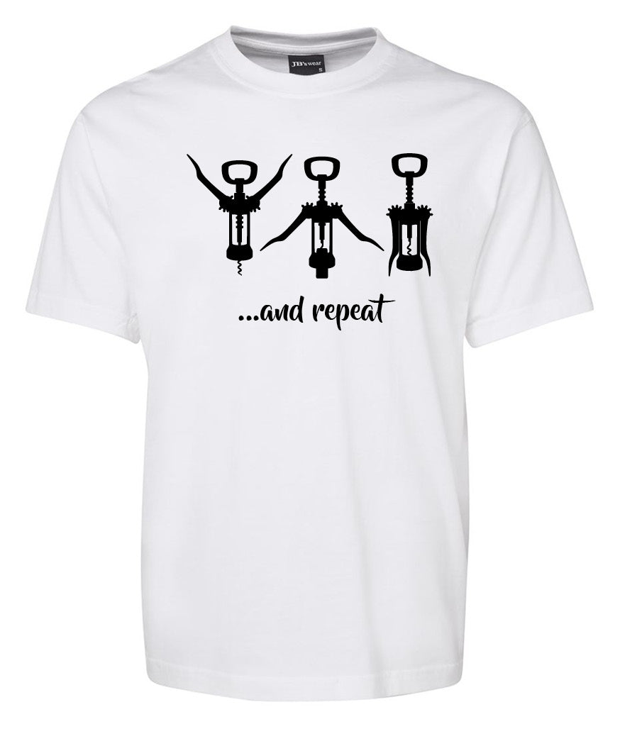 The Workout Routine - Wine Opener Shirt by Corsa Clothing is a white tee with three black corkscrew illustrations in various positions, like dance moves, and the text “…and repeat” underneath.
