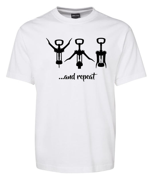 The Workout Routine - Wine Opener Shirt by Corsa Clothing is a white tee with three black corkscrew illustrations in various positions, like dance moves, and the text “…and repeat” underneath.