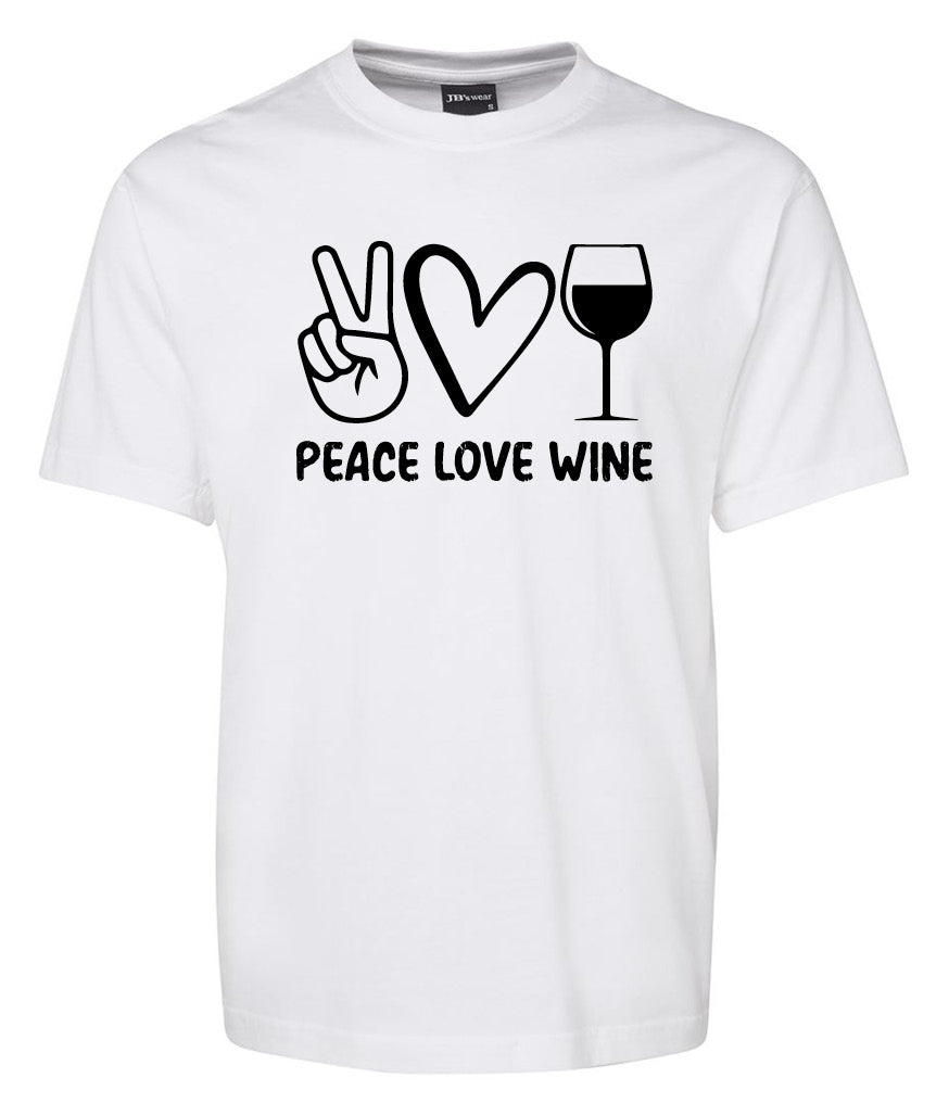 The Peace Love Wine Shirt by Corsa Clothing is a white tee with black graphics of a peace sign, heart, and wine glass above the text "PEACE LOVE WINE.
