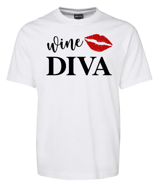 The Wine love Diva Shirt by Corsa Clothing is a white t-shirt with “wine DIVA” in black text on the front and a red lipstick kiss mark above “DIVA.”.