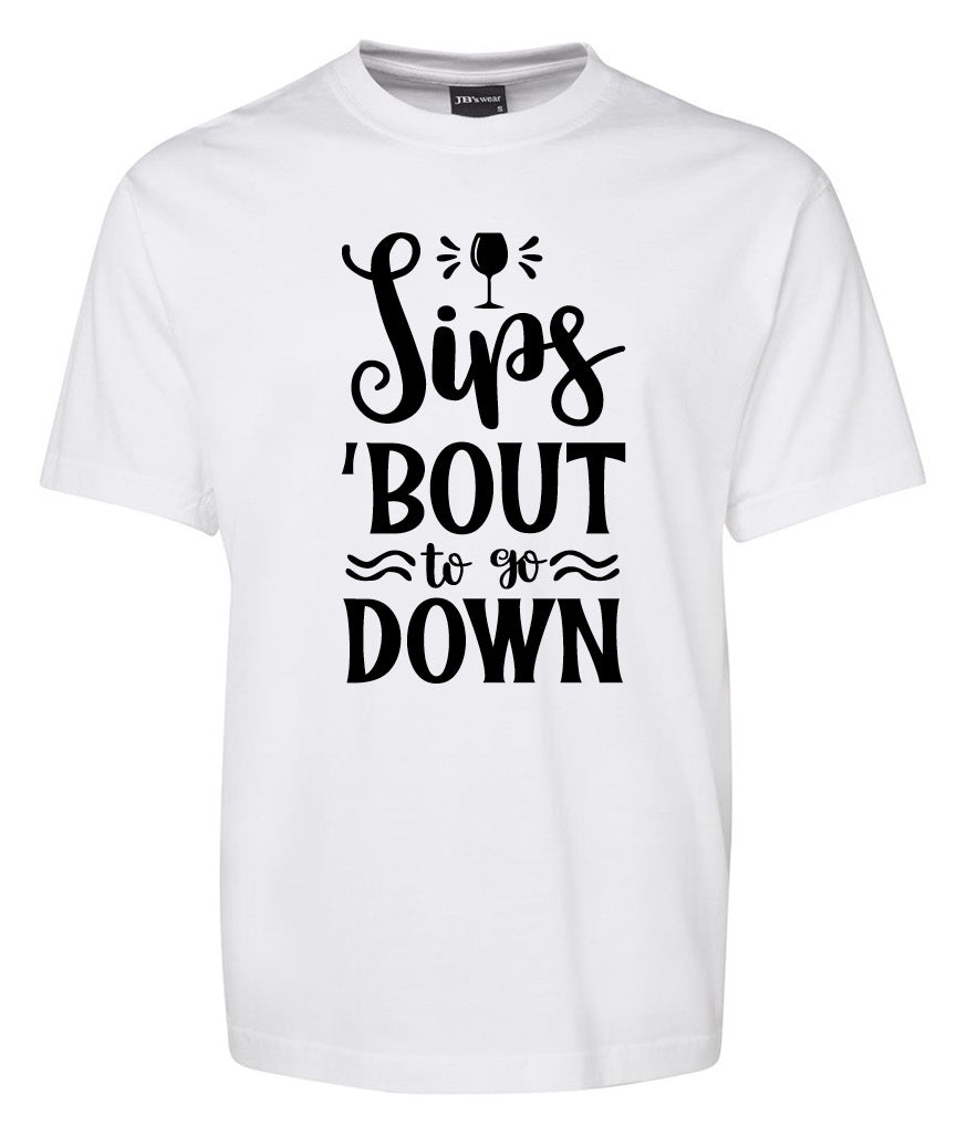 The Corsa Clothing Spis Bout to Go Down Shirt is a white tee featuring black text and a wine glass illustration as the "i" in Spis.