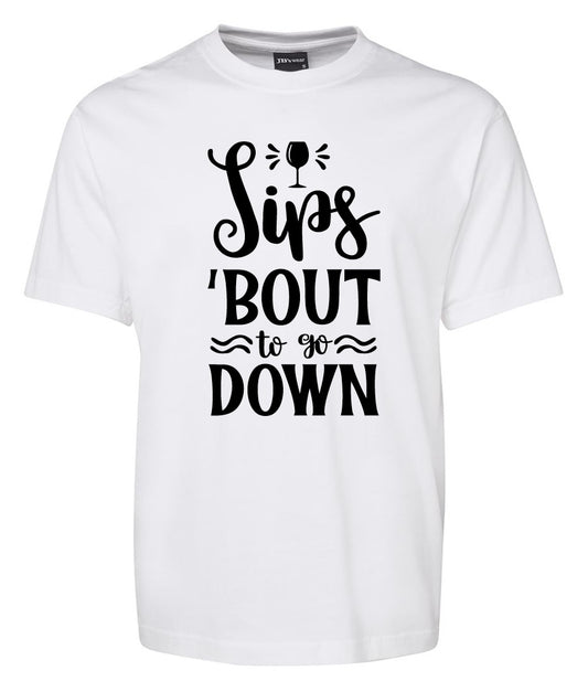 The Corsa Clothing Spis Bout to Go Down Shirt is a white tee featuring black text and a wine glass illustration as the "i" in Spis.