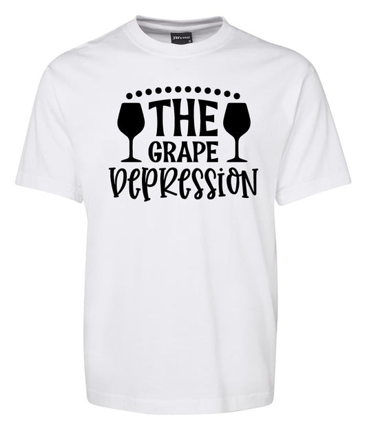 The Corsa Clothing THE GRAPE Depression Shirt is a white tee featuring black text "THE GRAPE DEPRESSION" with two wine glasses flanking the word "THE.