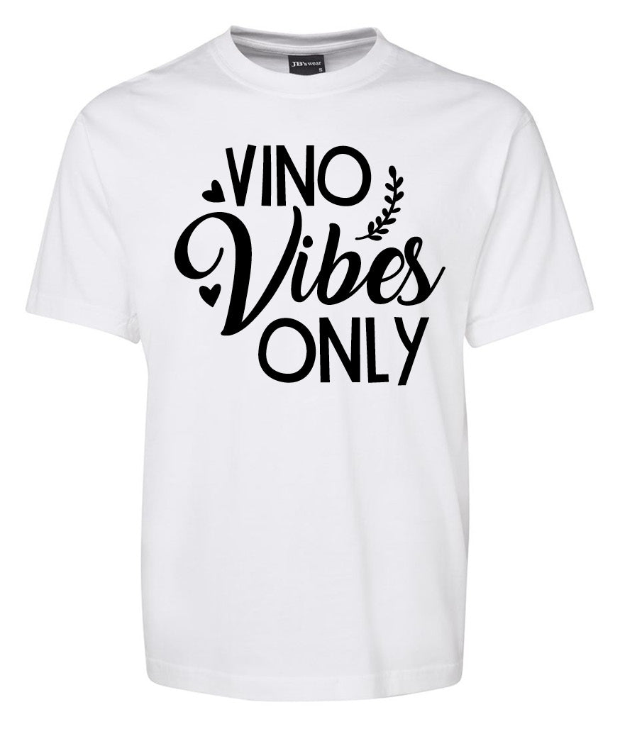 The Corsa Clothing Vino Vibes Only Shirt is a white tee with bold black "Vino Vibes Only" text, small heart accents, and a vine graphic.