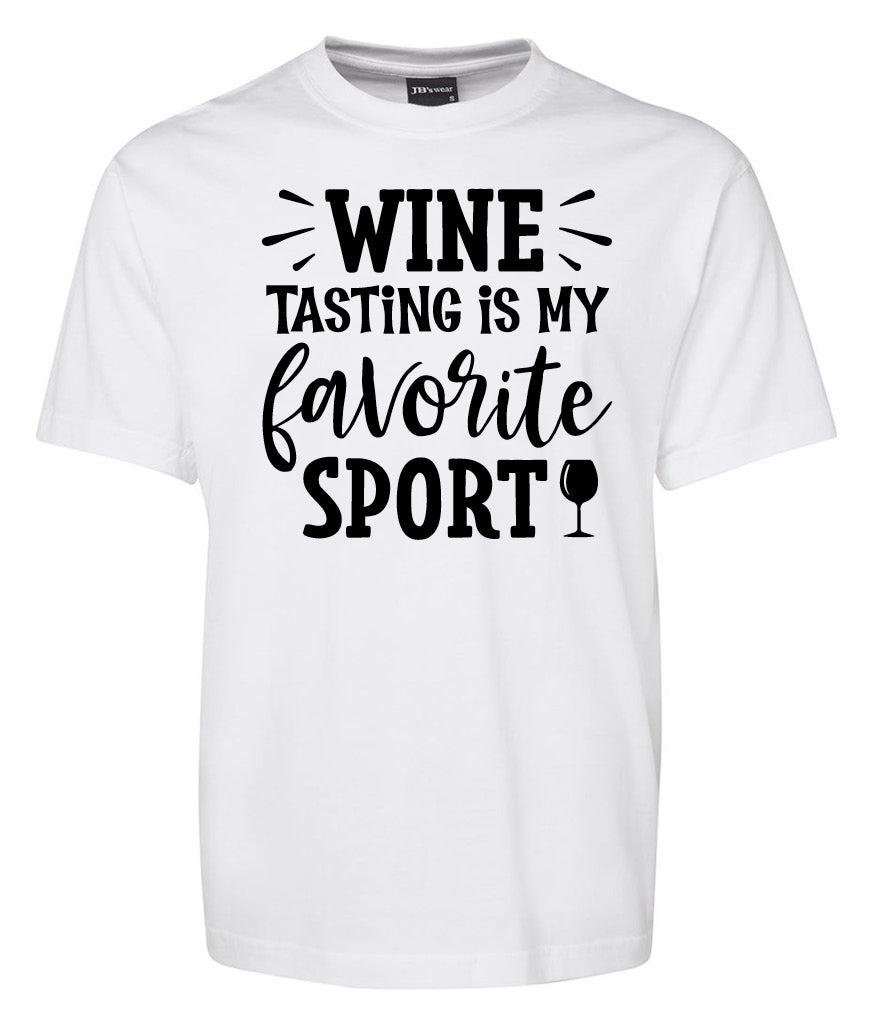 The Corsa Clothing "Wine Tasting is my favorite Sport" shirt features bold black text and a wine glass icon on a white tee.