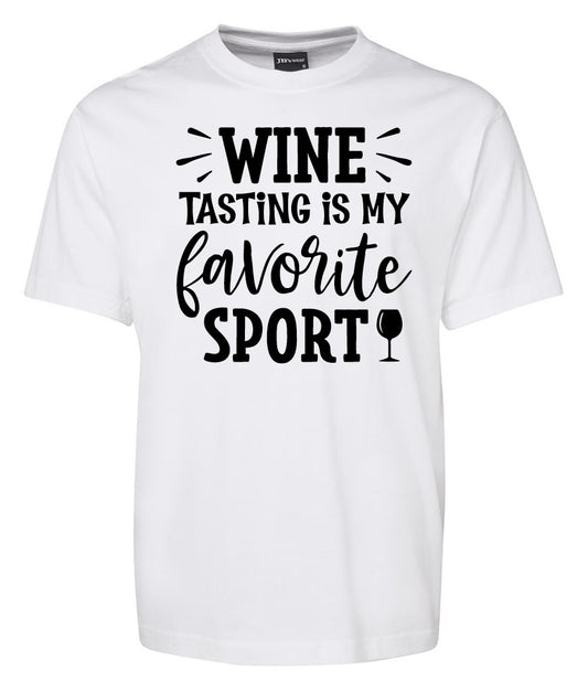 The Corsa Clothing "Wine Tasting is my favorite Sport" shirt features bold black text and a wine glass icon on a white tee.