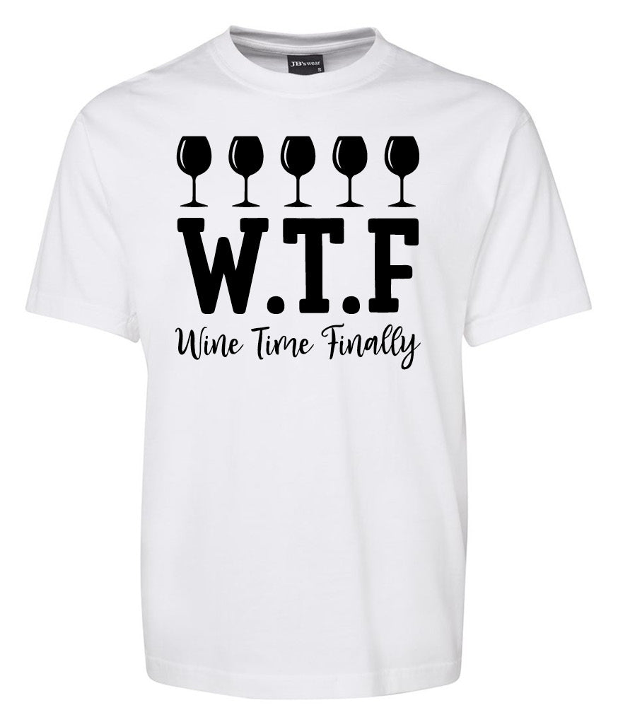 The Corsa Clothing "Wine Time Finally Shirt" is a white tee with black text, images of five wine glasses above bold “W.T.F,” and “Wine Time Finally” in a handwritten-style font underneath.