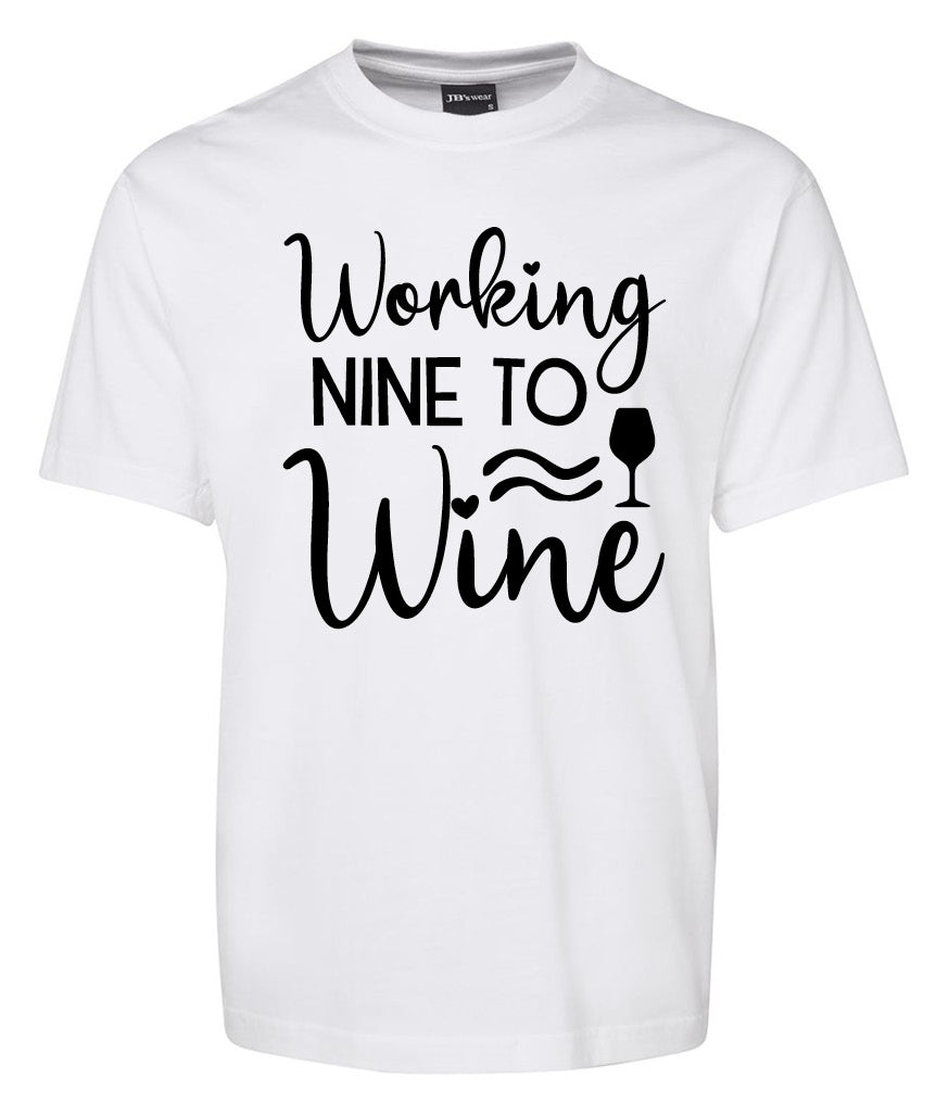 The Corsa Clothing Workingnine to Wine Shirt is a white tee with black text, a wine glass icon, and decorative wave lines.