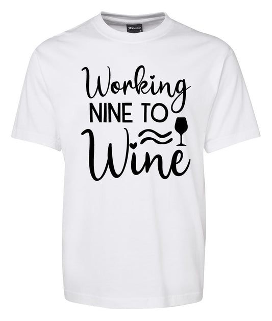 The Corsa Clothing Workingnine to Wine Shirt is a white tee with black text, a wine glass icon, and decorative wave lines.