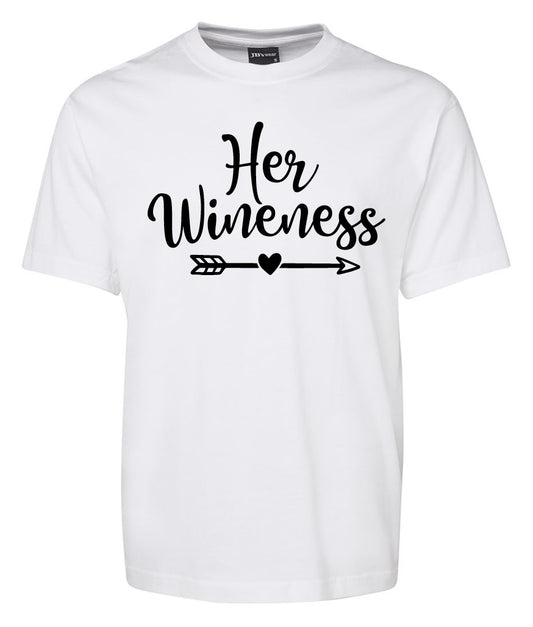 The Her Wineness Shirt by Corsa Clothing is a white tee featuring “Her Wineness” in black script above a heart-tipped arrow.
