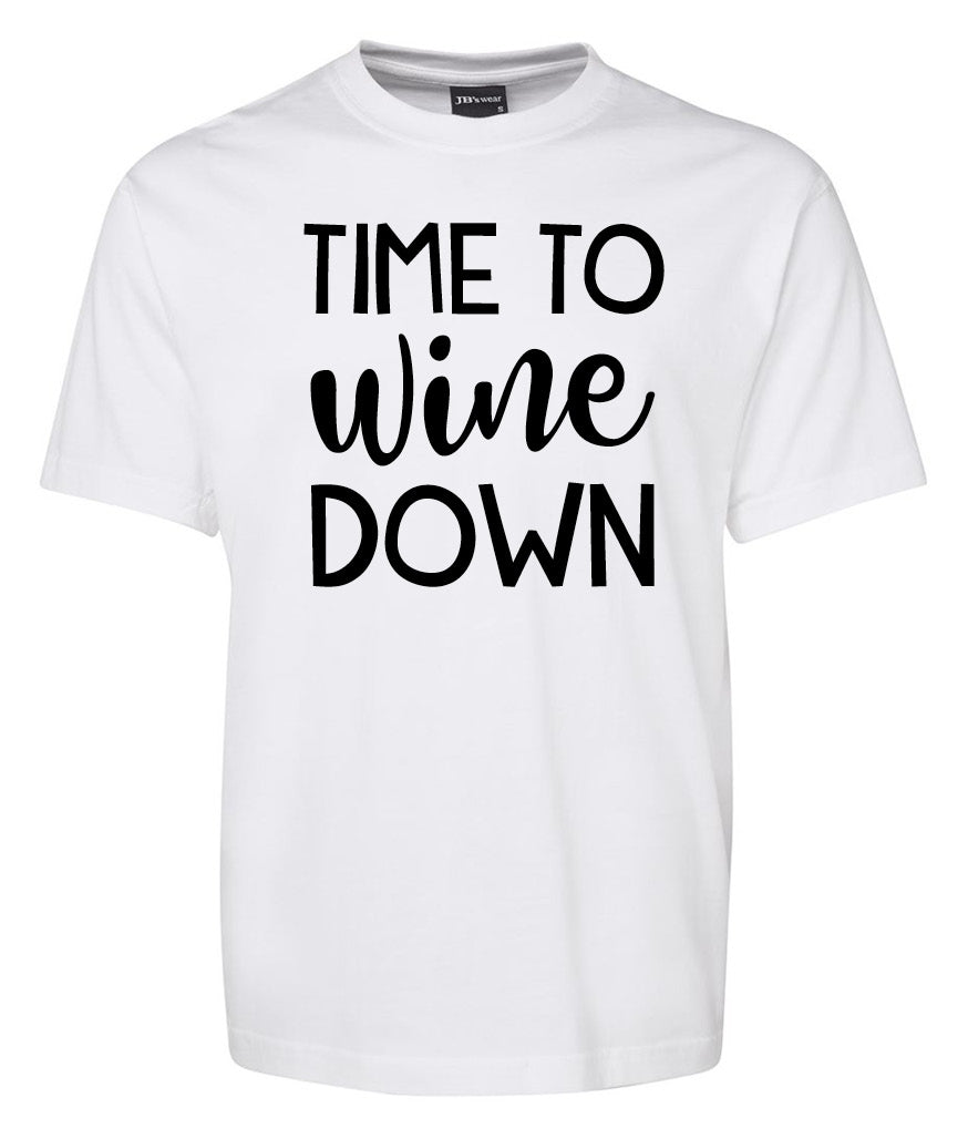 The Time to Wine Down Shirt by Corsa Clothing is a white t-shirt featuring "TIME TO wine DOWN" in bold black letters, with "wine" in a cursive font.