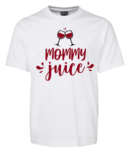 The Corsa Clothing Mommy juice Shirt is a white tee featuring two clinking wine glasses above “Mommy juice” in playful red script.