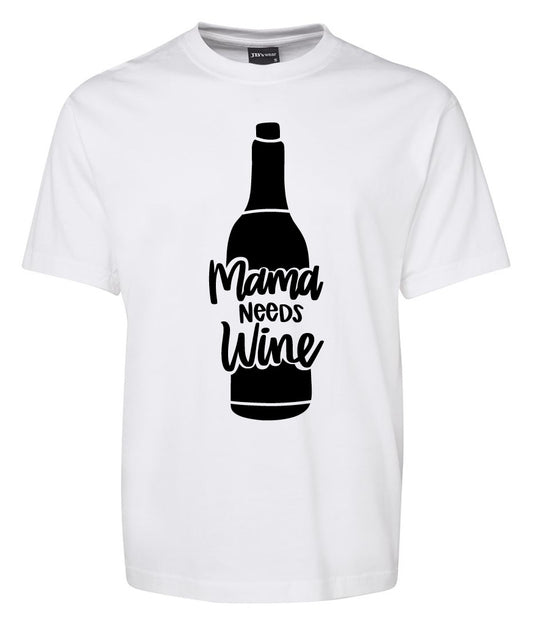 The Corsa Clothing Mama Needs Wine bottle shirt is a white t-shirt with a large black wine bottle graphic and bold "Mama Needs Wine" text in the center.