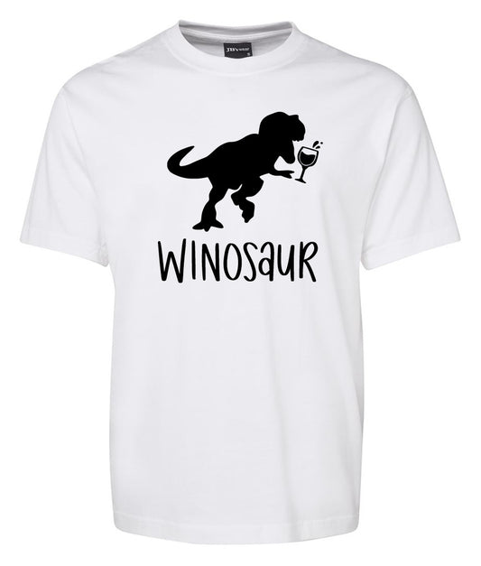 The WINOSAUR glass Shirt by Corsa Clothing features a white tee with a black T-rex holding a wine glass above the word "WINOSAUR" in playful font.