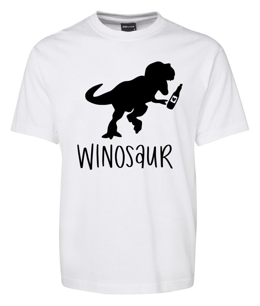 The WINOSAUR bottle Shirt by Corsa Clothing is a white tee with a black T-rex silhouette holding a wine bottle and "WINOSAUR" written in bold, playful letters below the image.