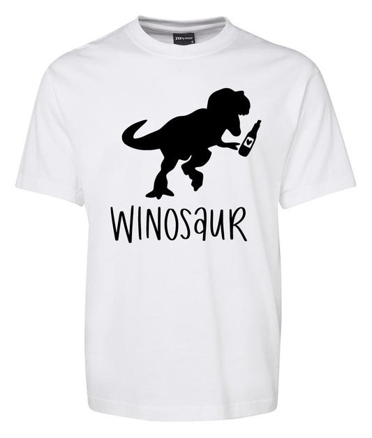 The WINOSAUR bottle Shirt by Corsa Clothing is a white tee with a black T-rex silhouette holding a wine bottle and "WINOSAUR" written in bold, playful letters below the image.