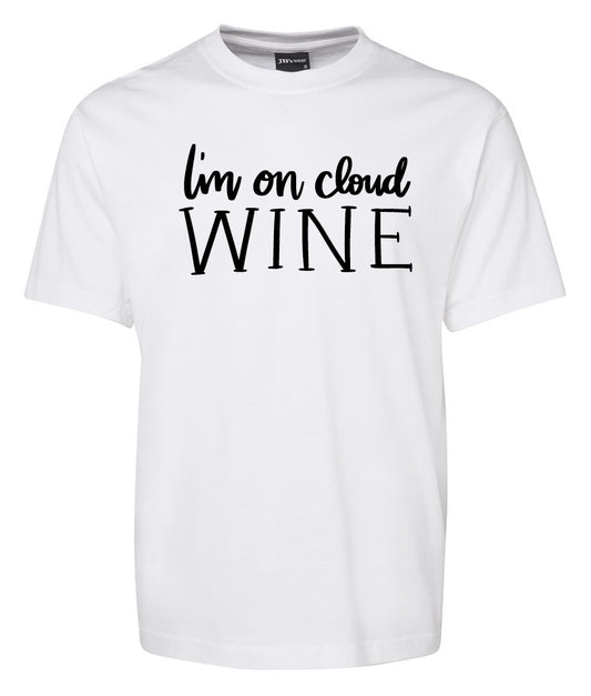 The Corsa Clothing "I'm on cloud WINE Shirt" is a white tee featuring "Im on cloud WINE" in black text on the front, with "WINE" in bold capital letters.