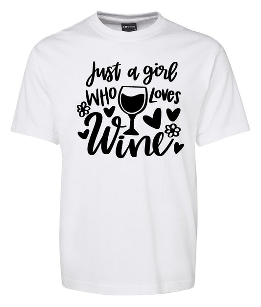 The Corsa Clothing "Just a Gril Who Loves Wine Shirt" is a white tee with black text, a wine glass, hearts, and flower illustrations.