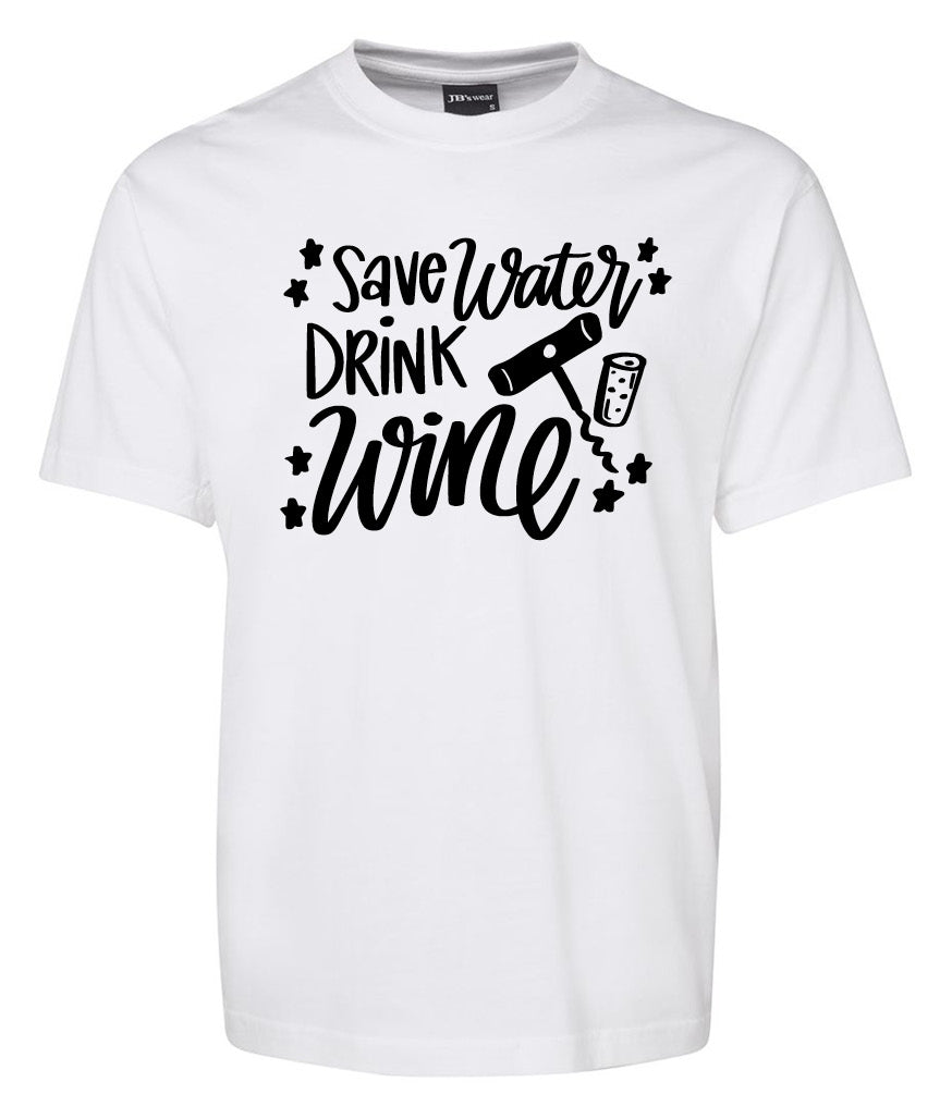 The Corsa Clothing Save waa\ste drink Wine shirt is a white tee featuring “Save waa\ste drink Wine” in black text, plus stars, a wine opener, and a wine glass graphic.