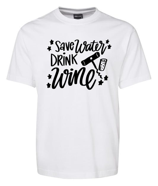 The Corsa Clothing Save waa\ste drink Wine shirt is a white tee featuring “Save waa\ste drink Wine” in black text, plus stars, a wine opener, and a wine glass graphic.