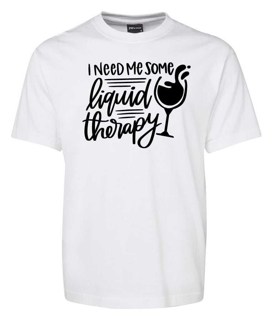 The Corsa Clothing "I need me some liquid Therapy" shirt features black text and a cocktail glass graphic on a white tee.