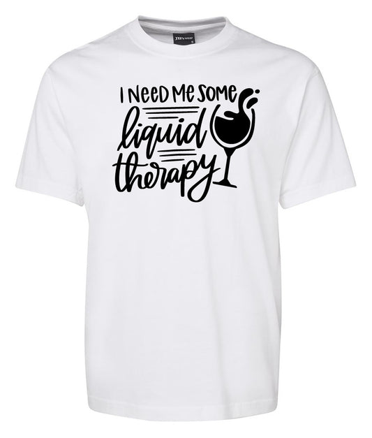The Corsa Clothing "I need me some liquid Therapy" shirt features black text and a cocktail glass graphic on a white tee.