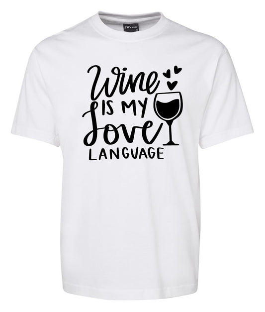 The Wine is my love Language Shirt by Corsa Clothing is a white tee with black “Wine is my love language” text, a wine glass illustration, and three small hearts above the glass.