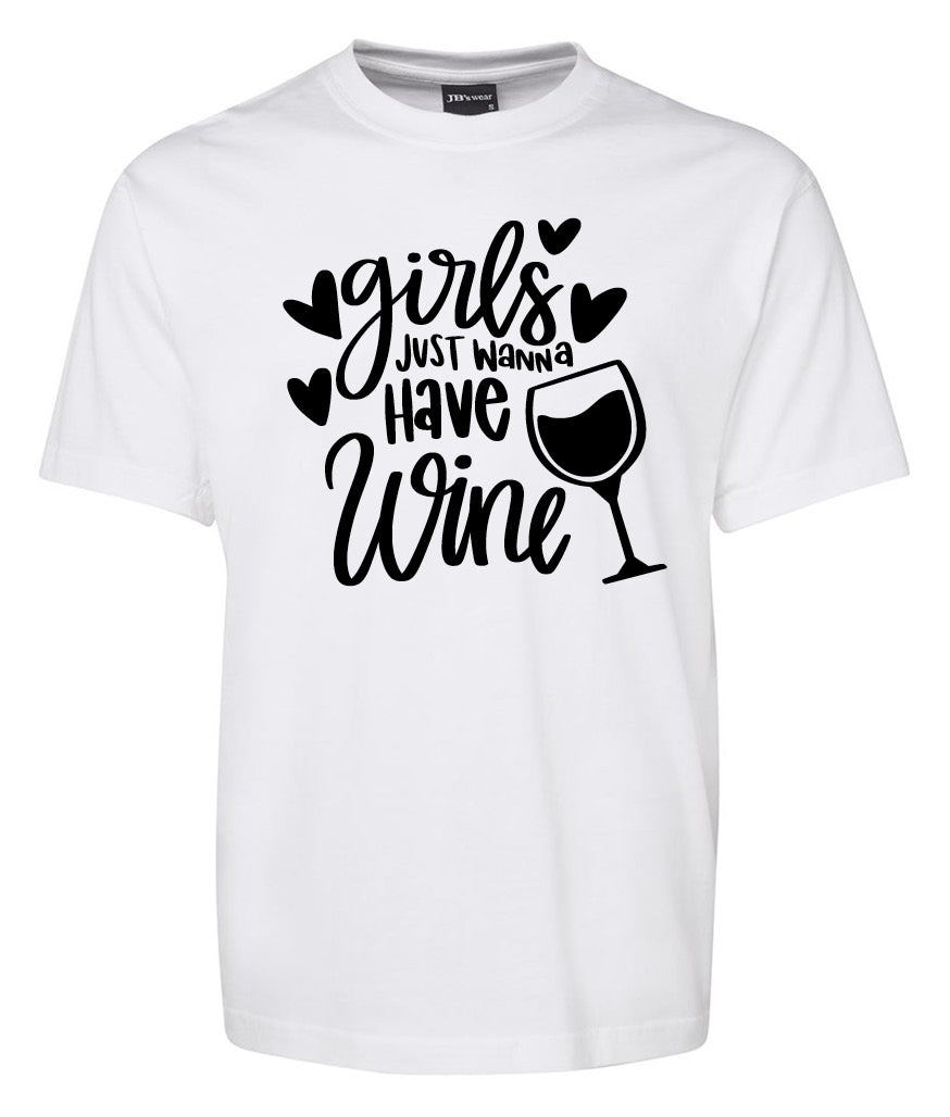The Girls just wanna have Wine Shirt by Corsa Clothing is a white tee with black text, heart graphics, and a wine glass illustration.