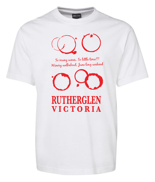 The Rutherglen Victoria Shirt by Corsa Clothing features playful "So many wines, So little time!!!" text, red wine stain circles, "Winery walkabout June long weekend," and bold "Rutherglen Victoria" beneath the images.