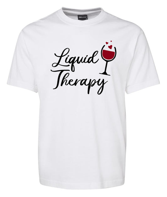 The Corsa Clothing Liquid Threpy Shirt is a white tee featuring "Liquid Therapy" in black script and a wine glass with red wine and three red hearts above it.
